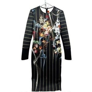 Clover Canyon Scuba Statement Dress‎ Small Black Floral Striped USA Made Bodycon